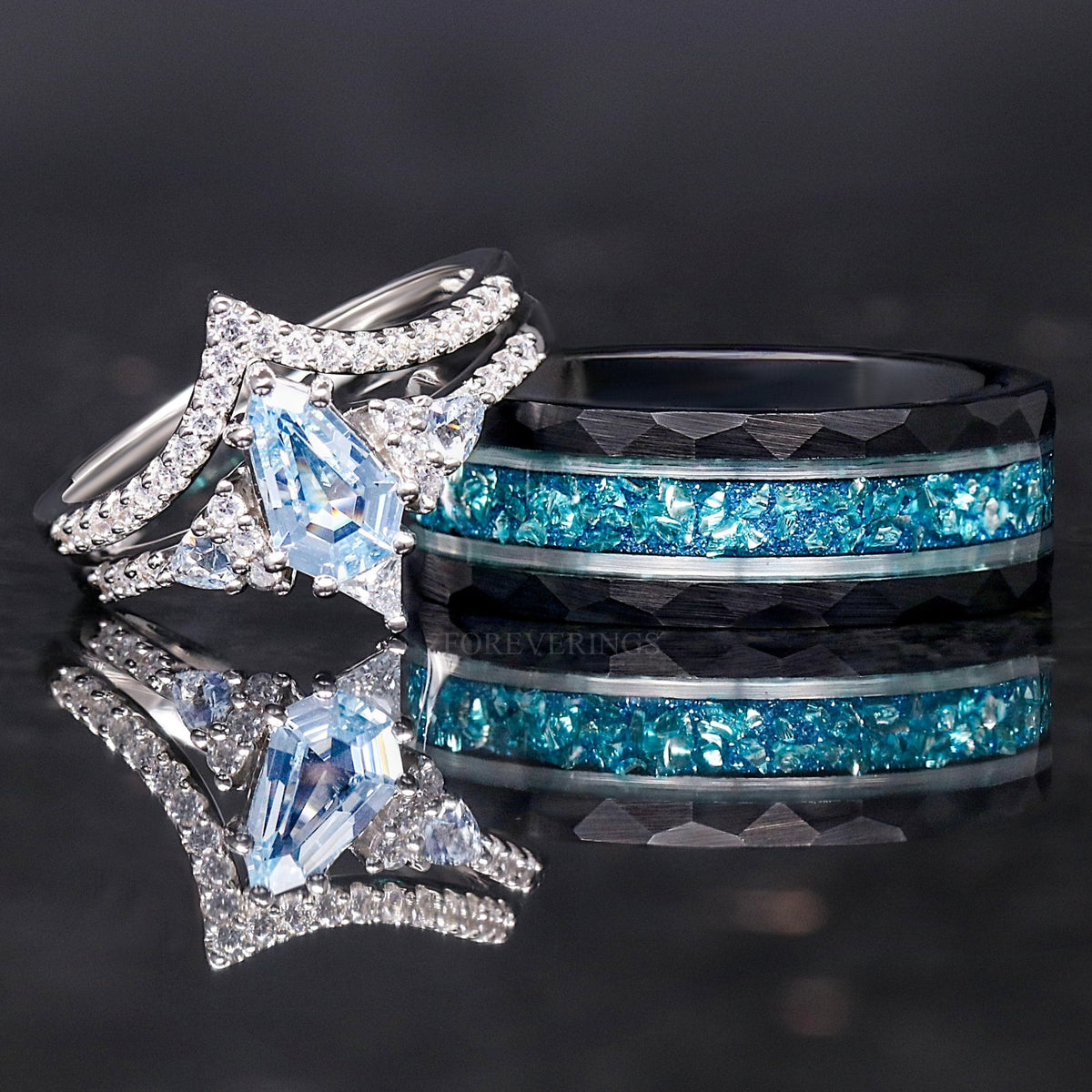 Aquamarine Couple Ring Set, His and Her Wedding Ring Set, Matching Engagement Ring Set, Unique Blue Promise Ring Couples, Personalized Gift, Lumiere