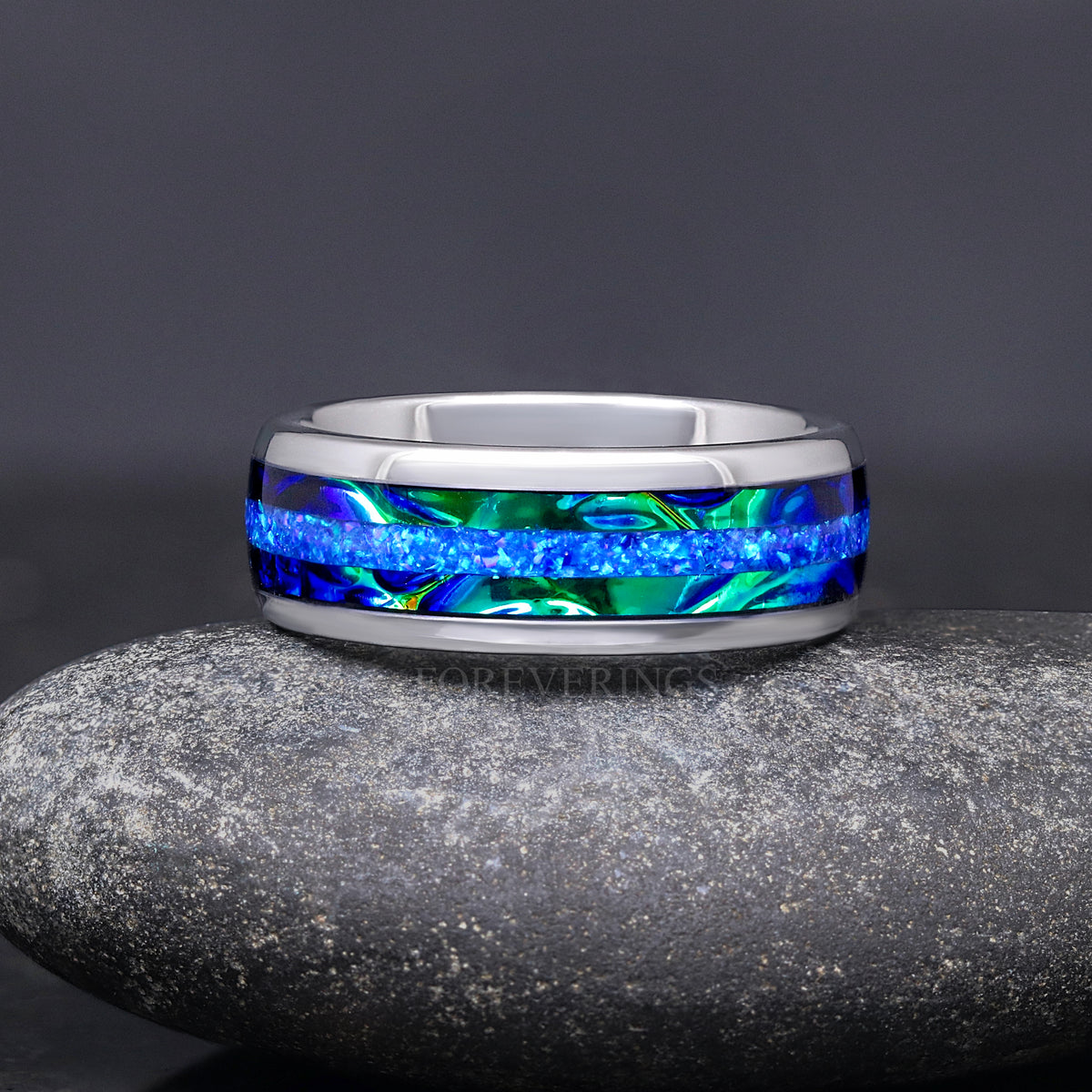 Blue Fire Opal Dichrolam Inlay | Men's Silver Tungsten Wedding Band