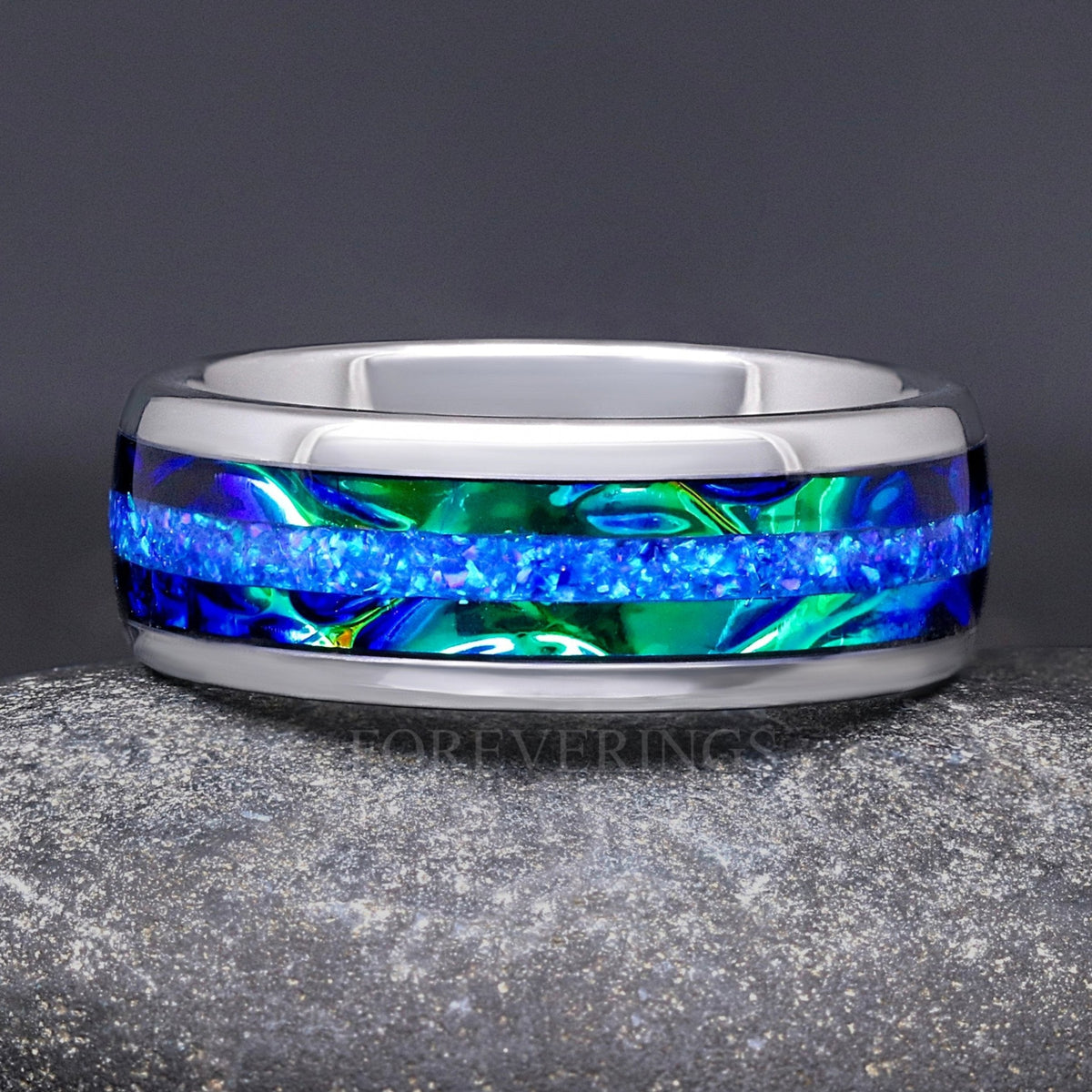 Blue Fire Opal Dichrolam Inlay | Men's Silver Tungsten Wedding Band