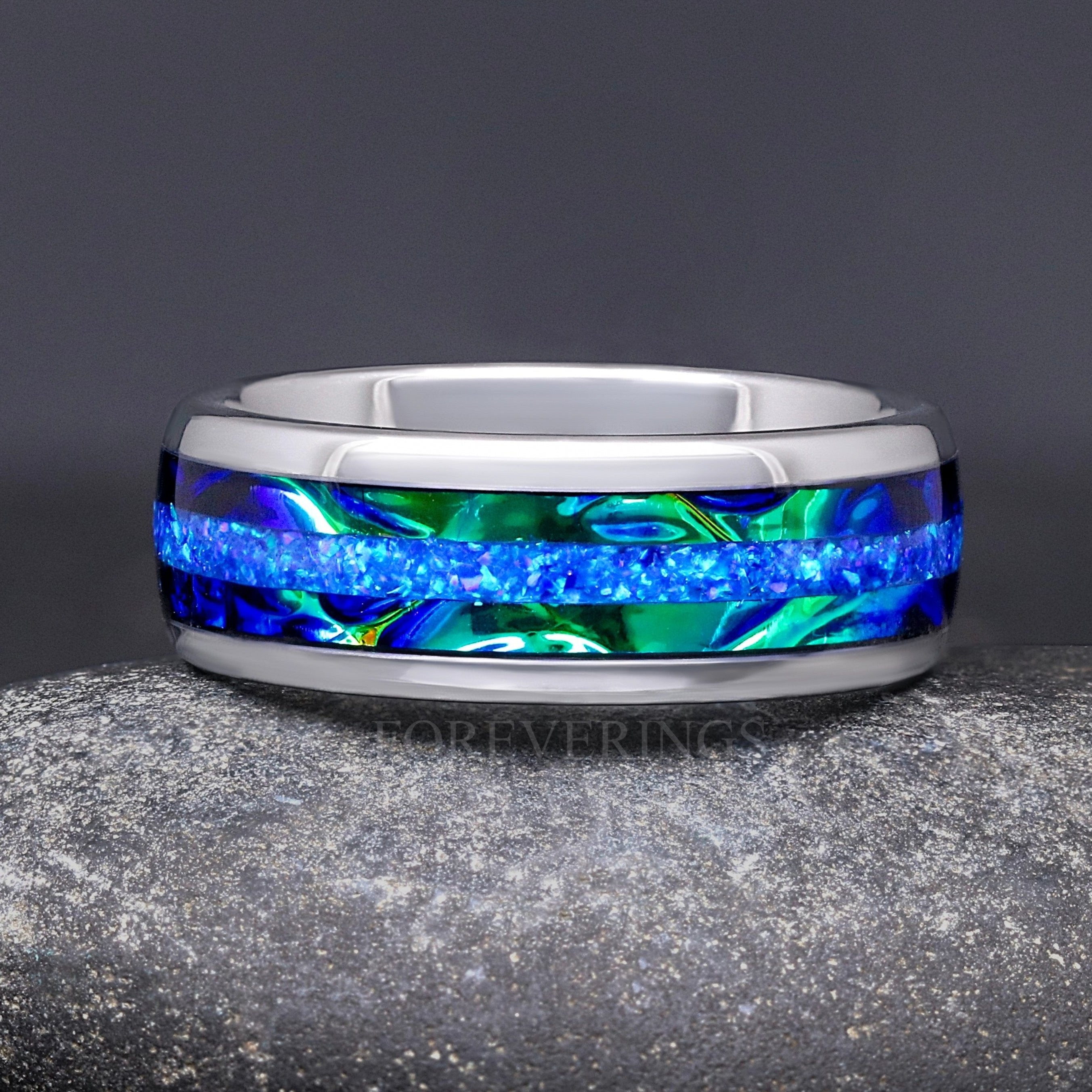 Azure Blue Fire Opal Tungsten Ring, Man Wedding Band, Blue Nebula Ring, Dichrolam, Space Ring, Unique Silver Ring for Him, Personalized Gift