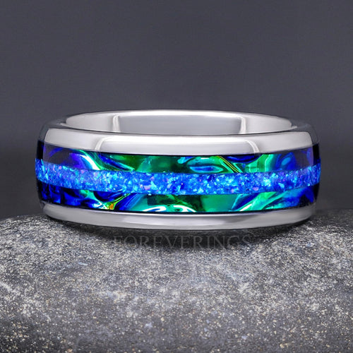 Blue Fire Opal Dichrolam Inlay | Men's Silver Tungsten Wedding Band