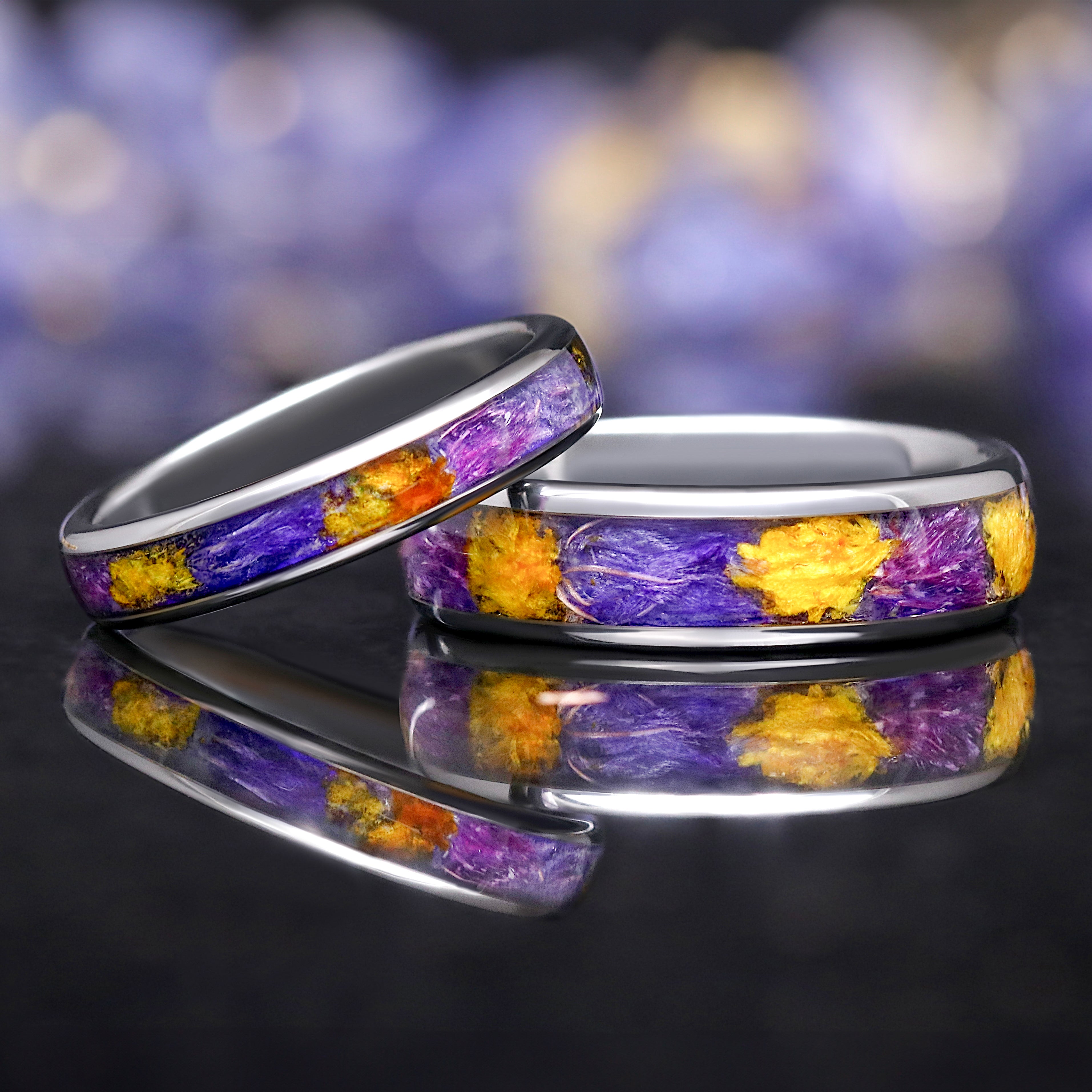 Forget-Me-Not Couples Ring Set, Silver Tungsten Wedding Bands, 4mm & 6mm Flower Inlay Rings, Comfort Fit, Unique Nature Rings for Him Her