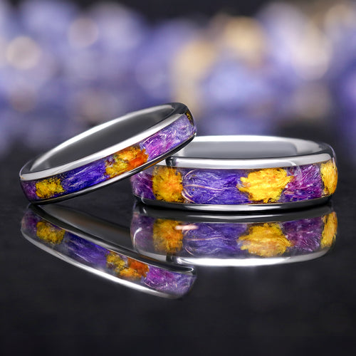 Forget-me-not couples ring set silver tungsten wedding bands 4mm and 6mm