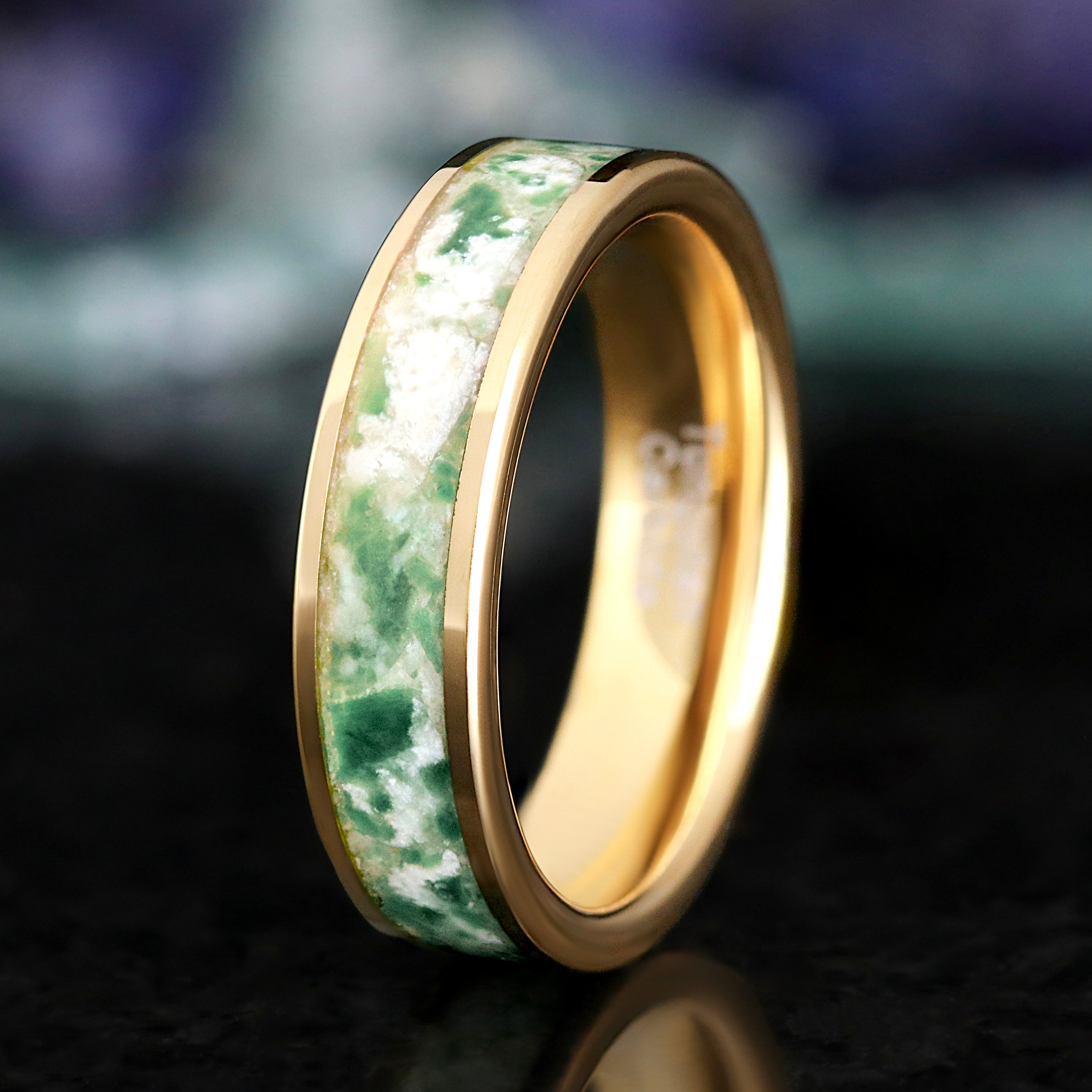 Gold Moss Agate Ring, Mens Wedding Band, 6mm Tungsten Ring, Flat Polished Comfort Fit, Unique Promise Ring, Nature-Inspired Gift for Husband