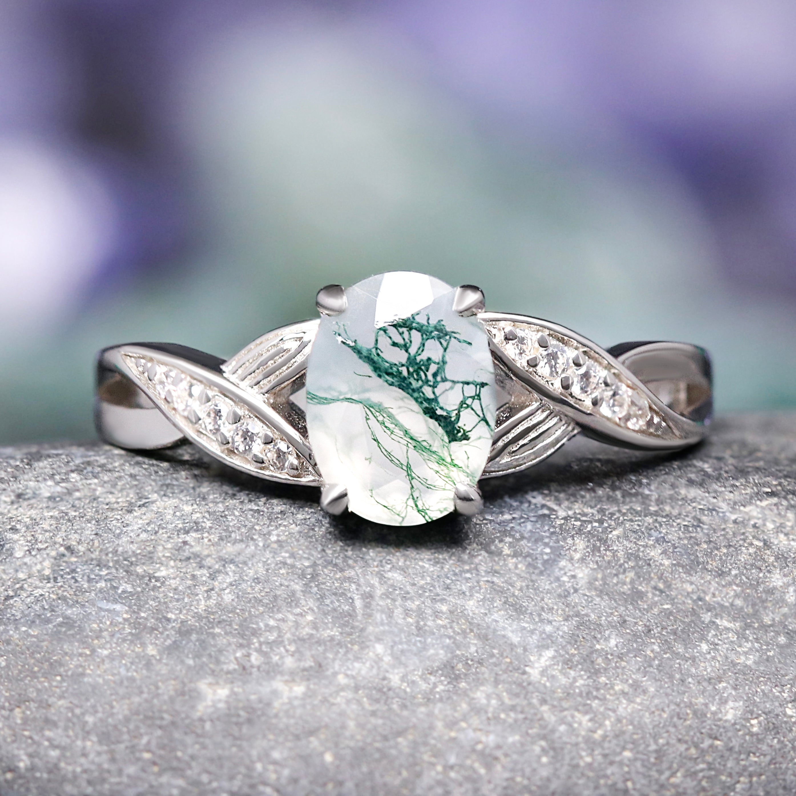 Lotus Green Moss Agate Engagement Ring Set for Women