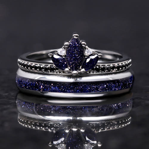 Lotus Starry Night women’s tungsten wedding ring set