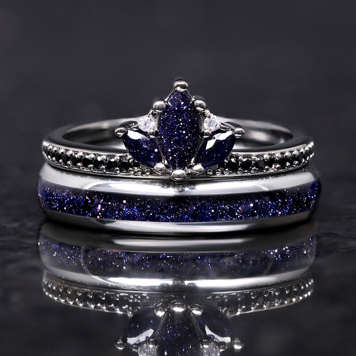 Lotus Starry Night women’s tungsten wedding ring set