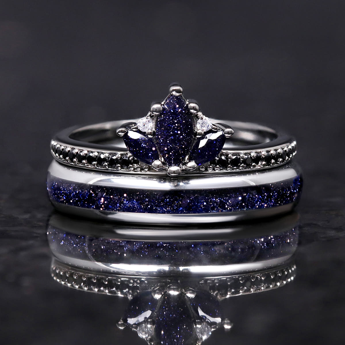 Tungsten couples ring set with starry night and sandstone design