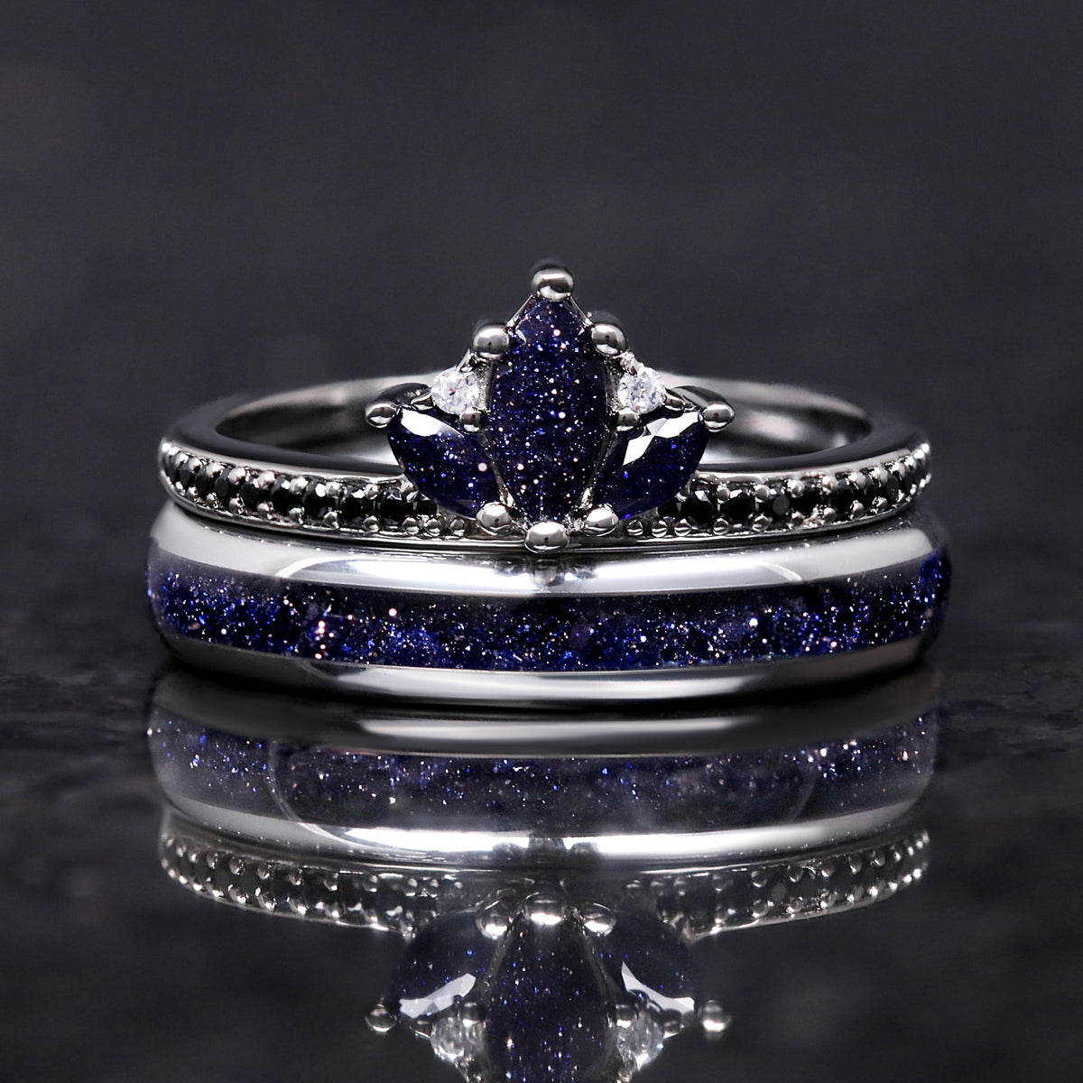 Tungsten couples ring set with starry night and sandstone design