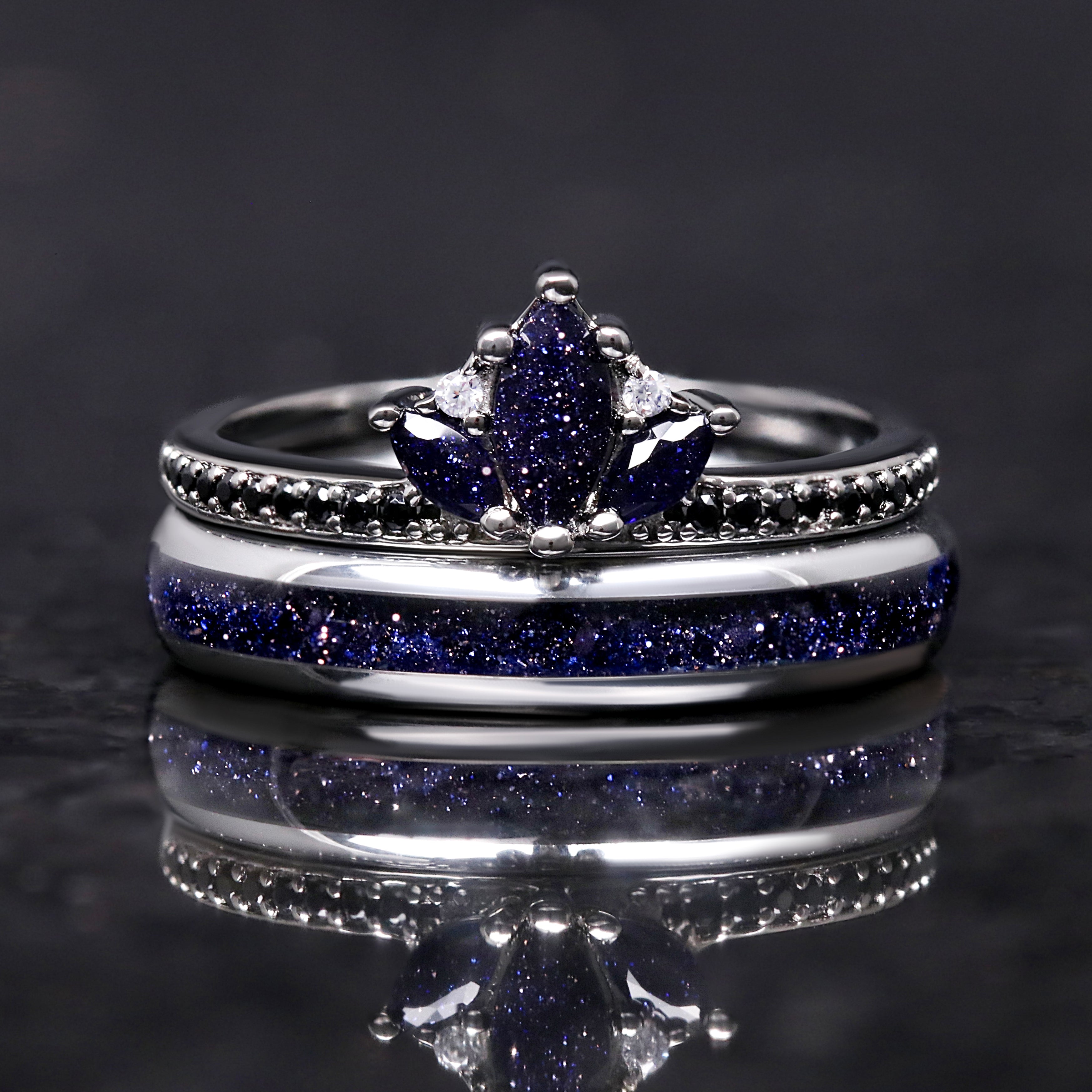 Lotus Starry Night Ring Set, His and Her Wedding Band Set, Tungsten Space Rings, 8mm & 4mm Polish Dome, Rift Sandstone, Matching Couple Ring