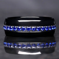 Orion Nebula Ring Sapphire, Mens Gemstone Wedding Band, Blue Sapphire Band, Unique Thin Blue Strip Ring, 8mm Tungsten Ring Engraving