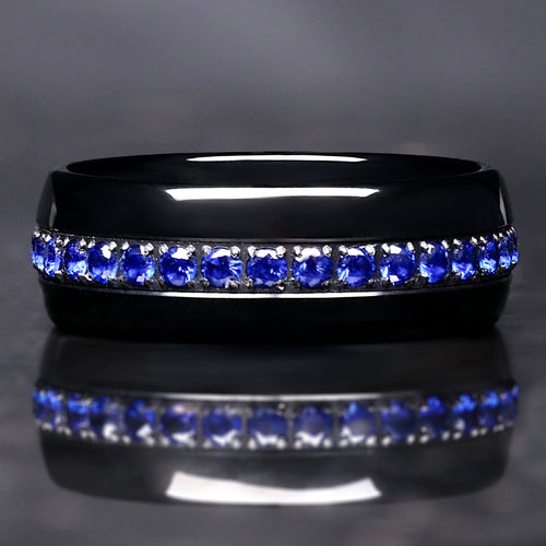 Orion Nebula Ring Sapphire, Mens Gemstone Wedding Band, Blue Sapphire Band, Unique Thin Blue Strip Ring, 8mm Tungsten Ring Engraving
