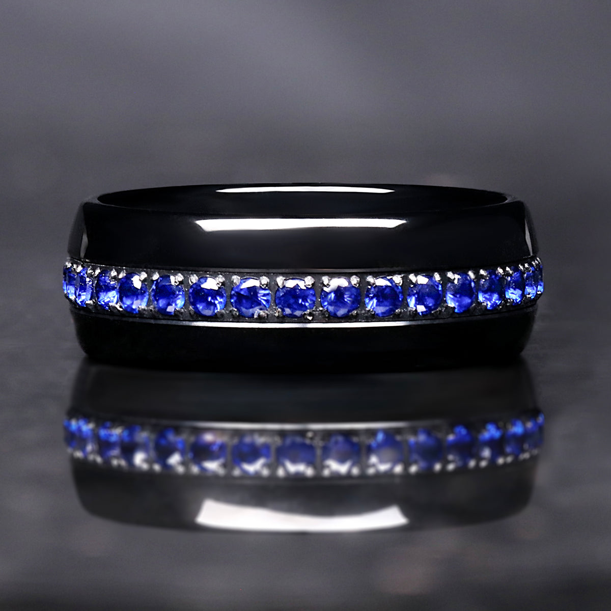 Black Sapphire Ring Set, His and Hers Wedding Band, Blue Sapphire Engagement Set, Couples Ring, Matching Promise Rings, Thin Blue Strip