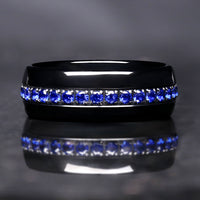 Black Sapphire Ring Set, His and Hers Wedding Band, Blue Sapphire Engagement Set, Couples Ring, Matching Promise Rings, Thin Blue Strip