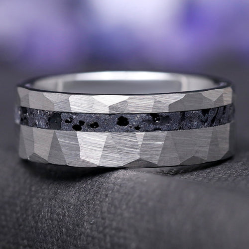 Lava Rock Ring for Men, Volcanic Stone & Silver Tungsten Band, 8mm Hammered Wedding Ring, Matte Flat Promise Ring for Him, Mens Wedding Band