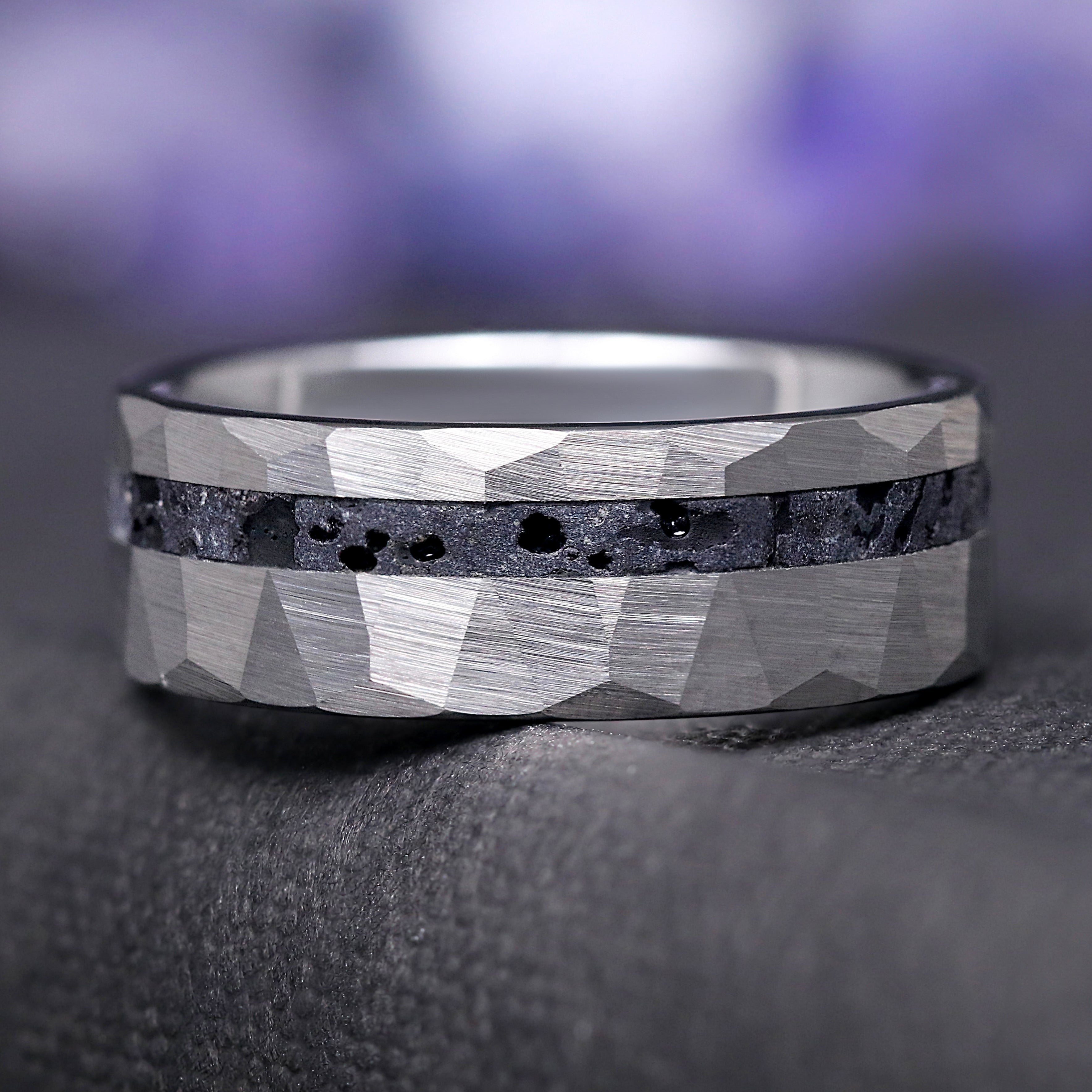 Lava Rock Ring for Men, Volcanic Stone & Silver Tungsten Band, 8mm Hammered Wedding Ring, Matte Flat Promise Ring for Him, Mens Wedding Band