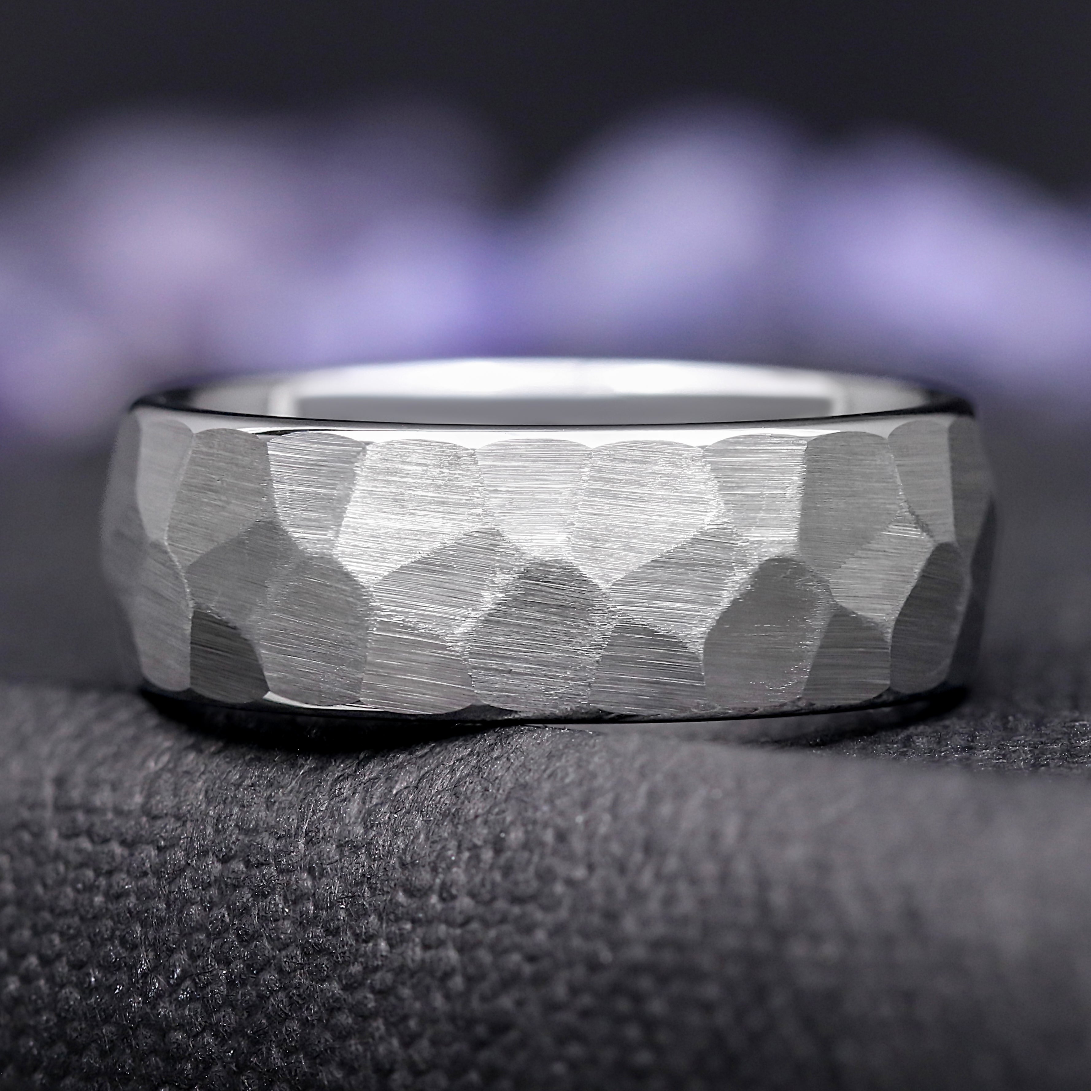 Hammered Silver Tungsten Ring - Mens Wedding Band