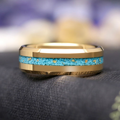 Men's 8mm gold tungsten wedding band with turquoise and gold leaf inlay, beveled edges