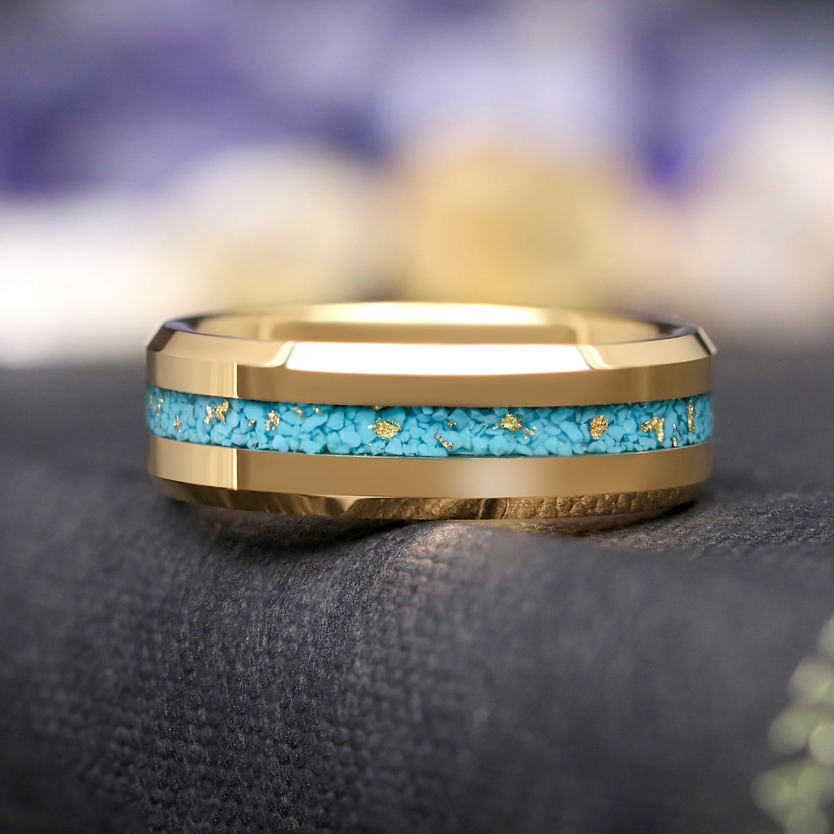 Turquoise & Gold Leaf Tungsten Wedding Band – 8mm Beveled Edge Ring, Unique Men's Engagement, Promise, or Wedding Band, Ring Engraving