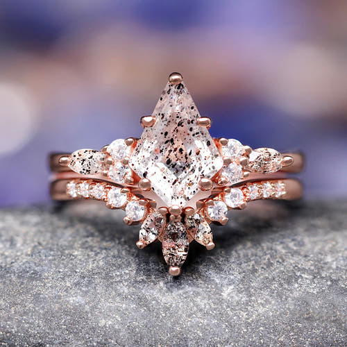 Kite-cut salt and pepper Herkimer diamond bridal set in rose gold sterling silver, front view