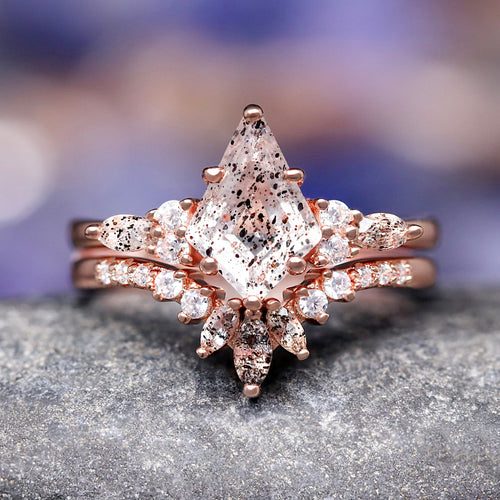 Galaxy Salt and Pepper Herkimer Diamond Engagement Ring Set, Nontraditional Promise or Wedding Ring for Women, Unique Rose Gold Diamond Ring