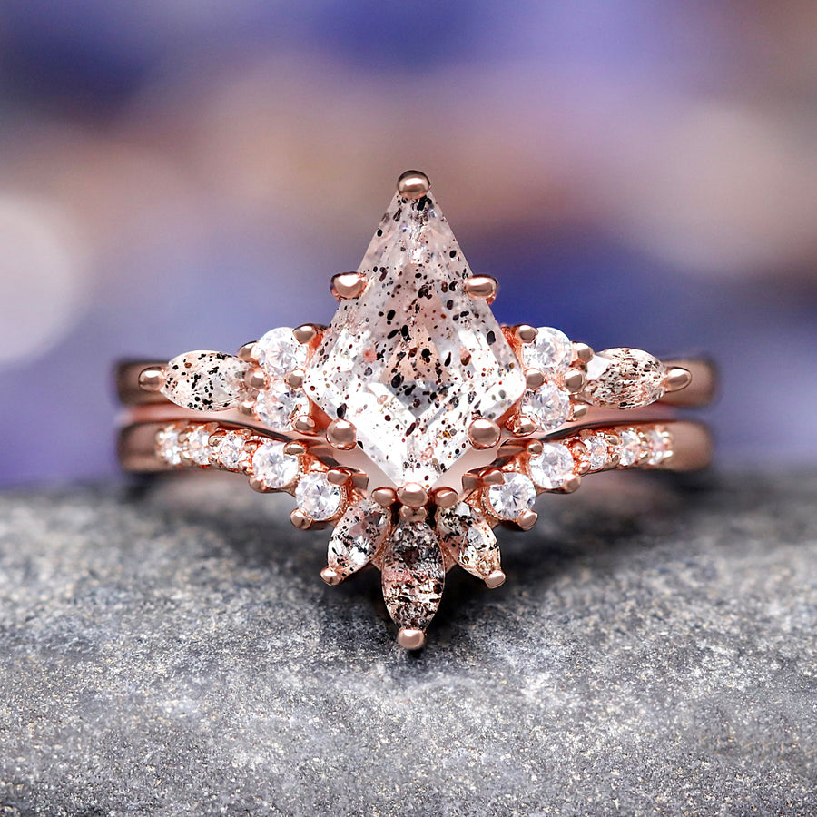 Galaxy Salt and Pepper Herkimer Diamond Engagement Ring Set, Nontraditional Promise or Wedding Ring for Women, Unique Rose Gold Diamond Ring