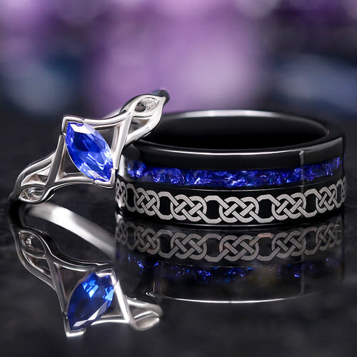 Matching Celtic knot couples ring set with blue sapphire, 8mm black tungsten and 1.7mm sterling silver