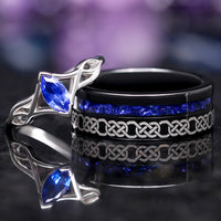 Celtic Knot Couples Ring Set – His and Hers Black & Blue Sapphire Wedding Bands, 925 Silver and Tungsten Promise Rings, Unique Matching Ring