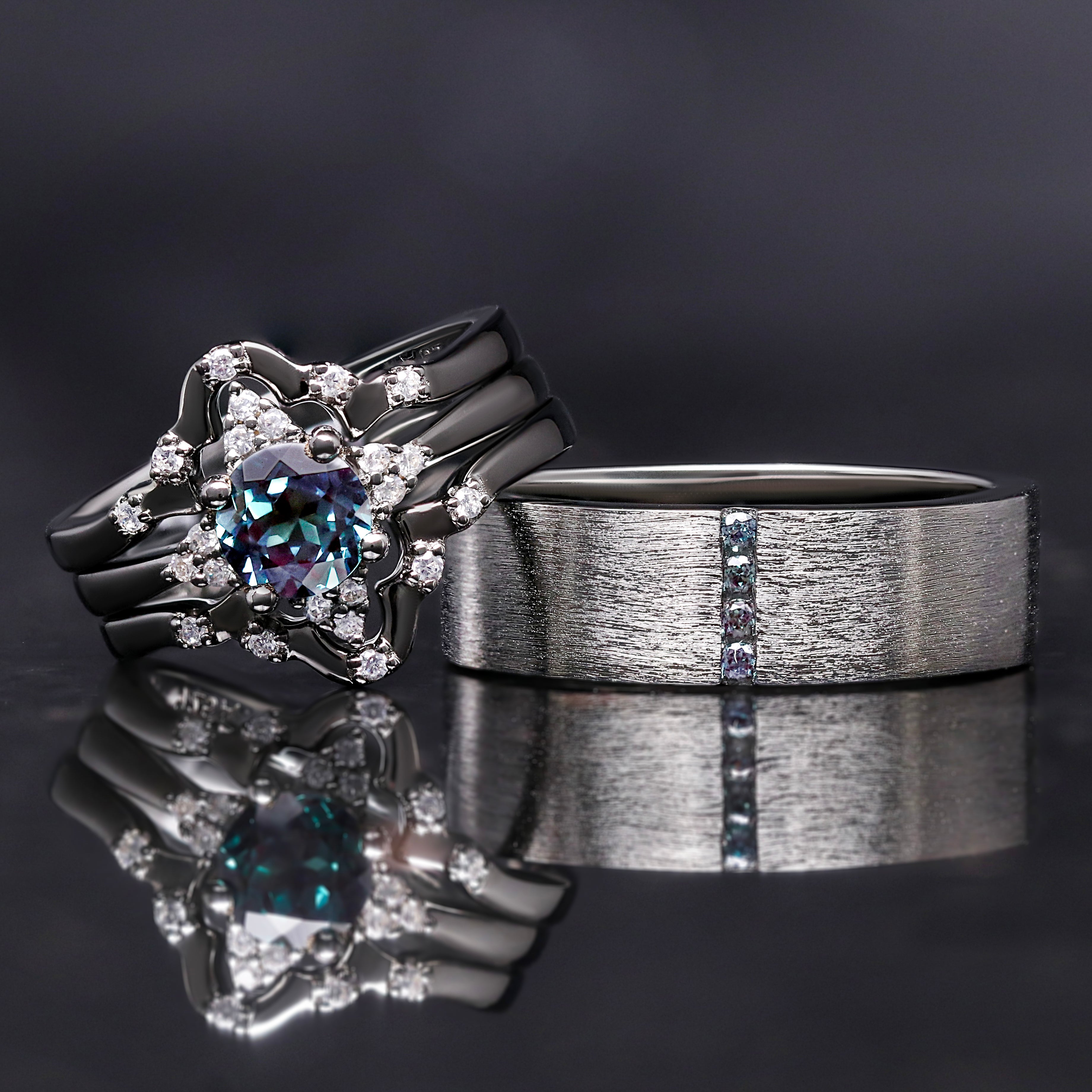 Veloura Couples Alexandrite Wedding Ring Set in Black Sterling Silver