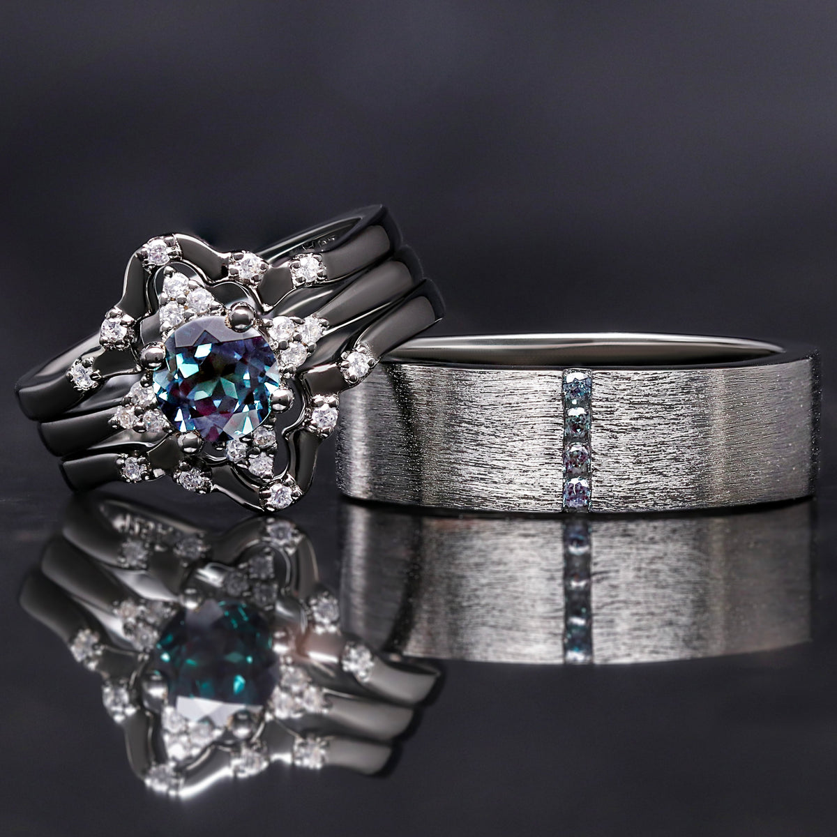 Veloura black sterling silver alexandrite couples rings