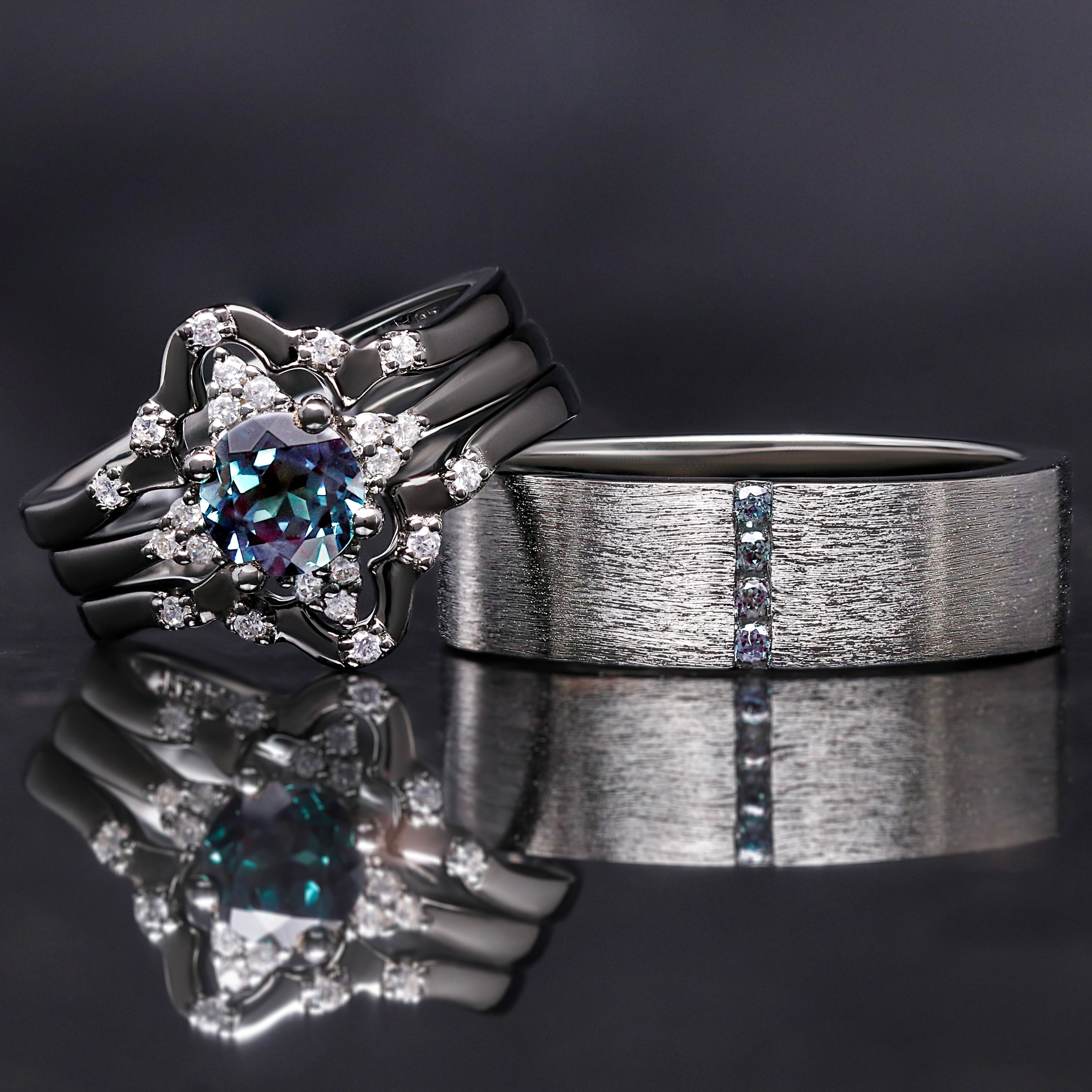 Veloura Couples Alexandrite Wedding Ring Set in Black Sterling Silver