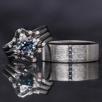 Veloura Couples Alexandrite Wedding Ring Set in Black Sterling Silver