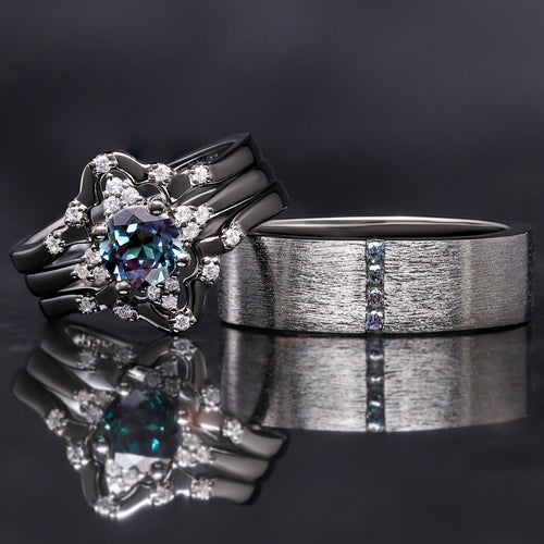 Veloura black sterling silver alexandrite couples rings