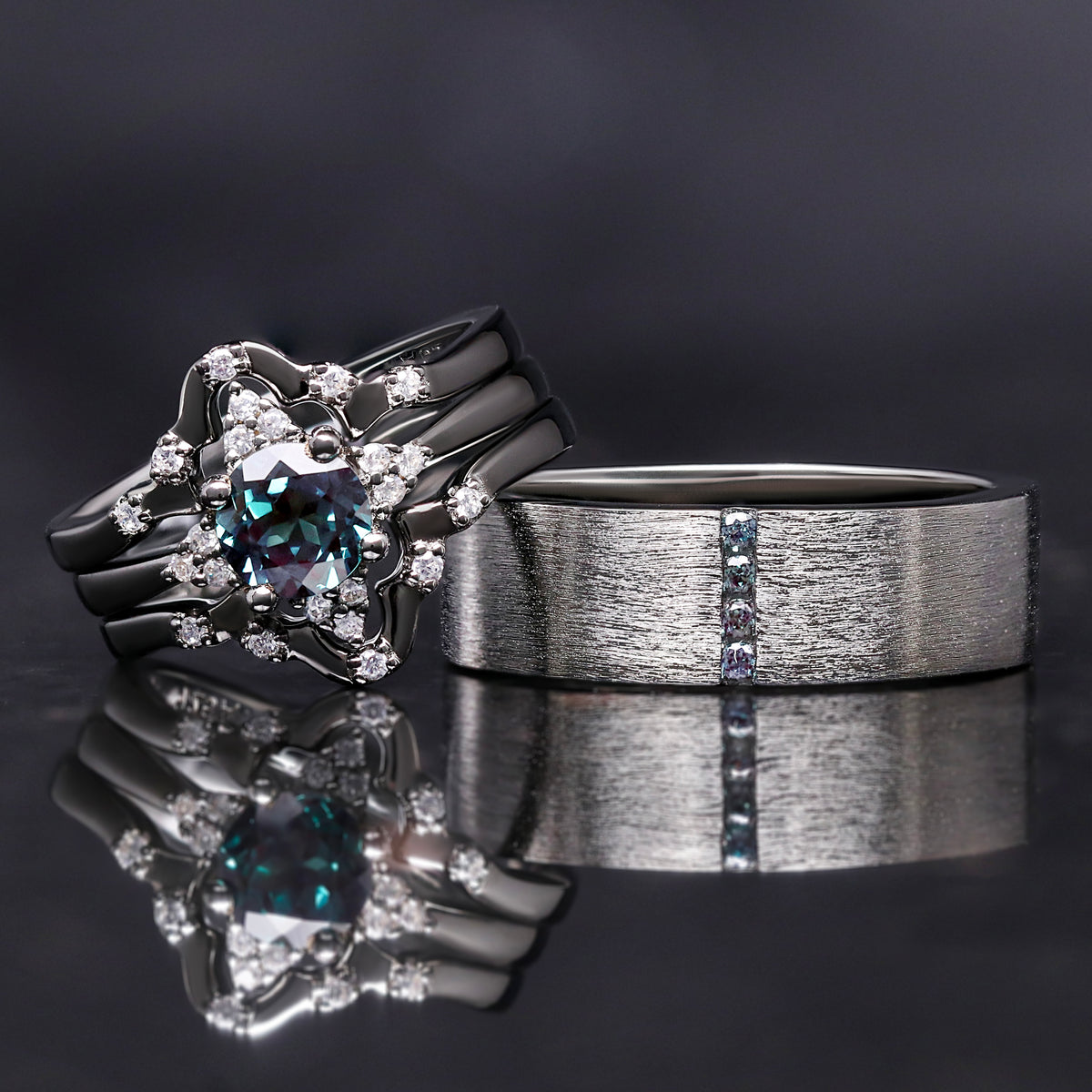 Alexandrite mens ring in sterling silver and ruthenium