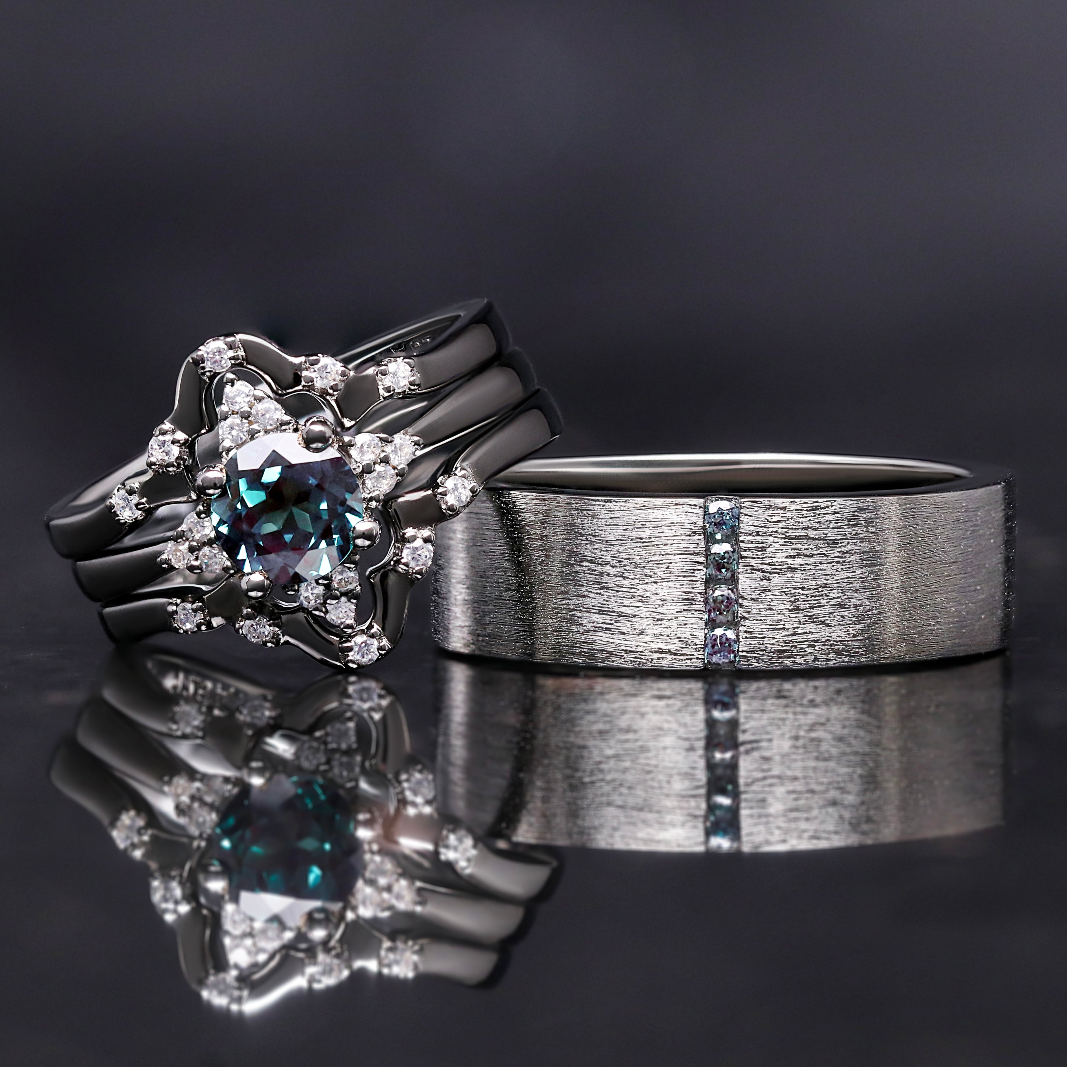 Mens Alexandrite Wedding Band in Sterling Silver | Black Ruthenium Gemstone Ring