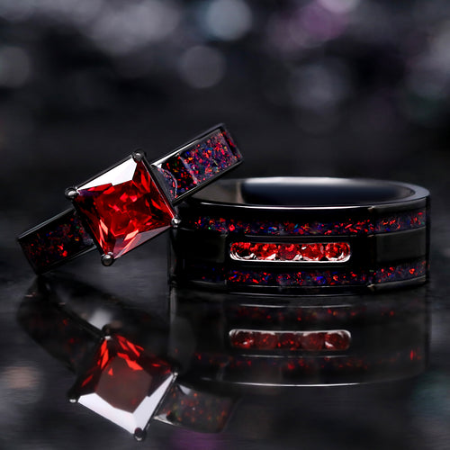Enla black fire opal and garnet couples wedding ring set