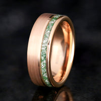 Matching engagement and wedding bands with moss agate