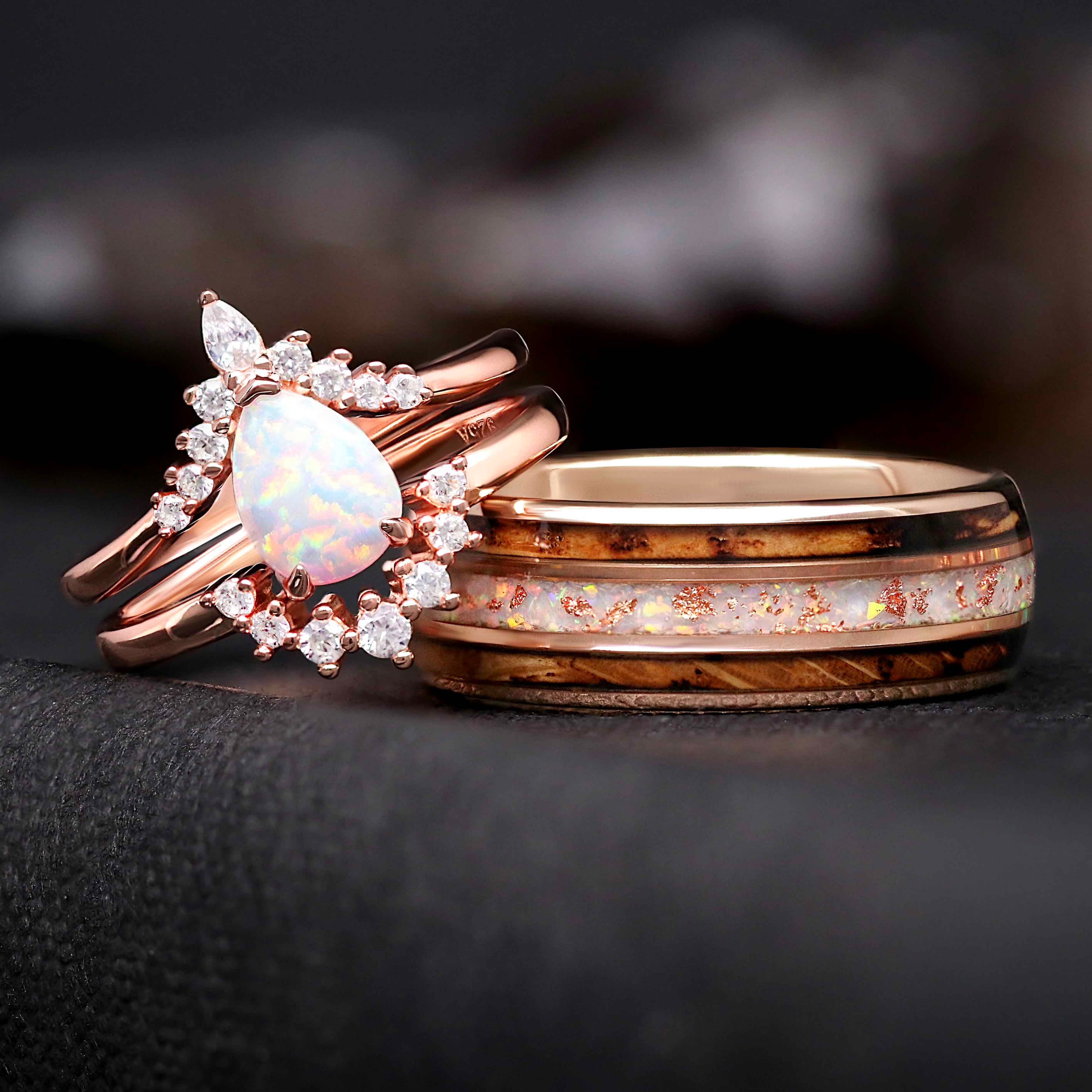 White opal his hers wedding bands