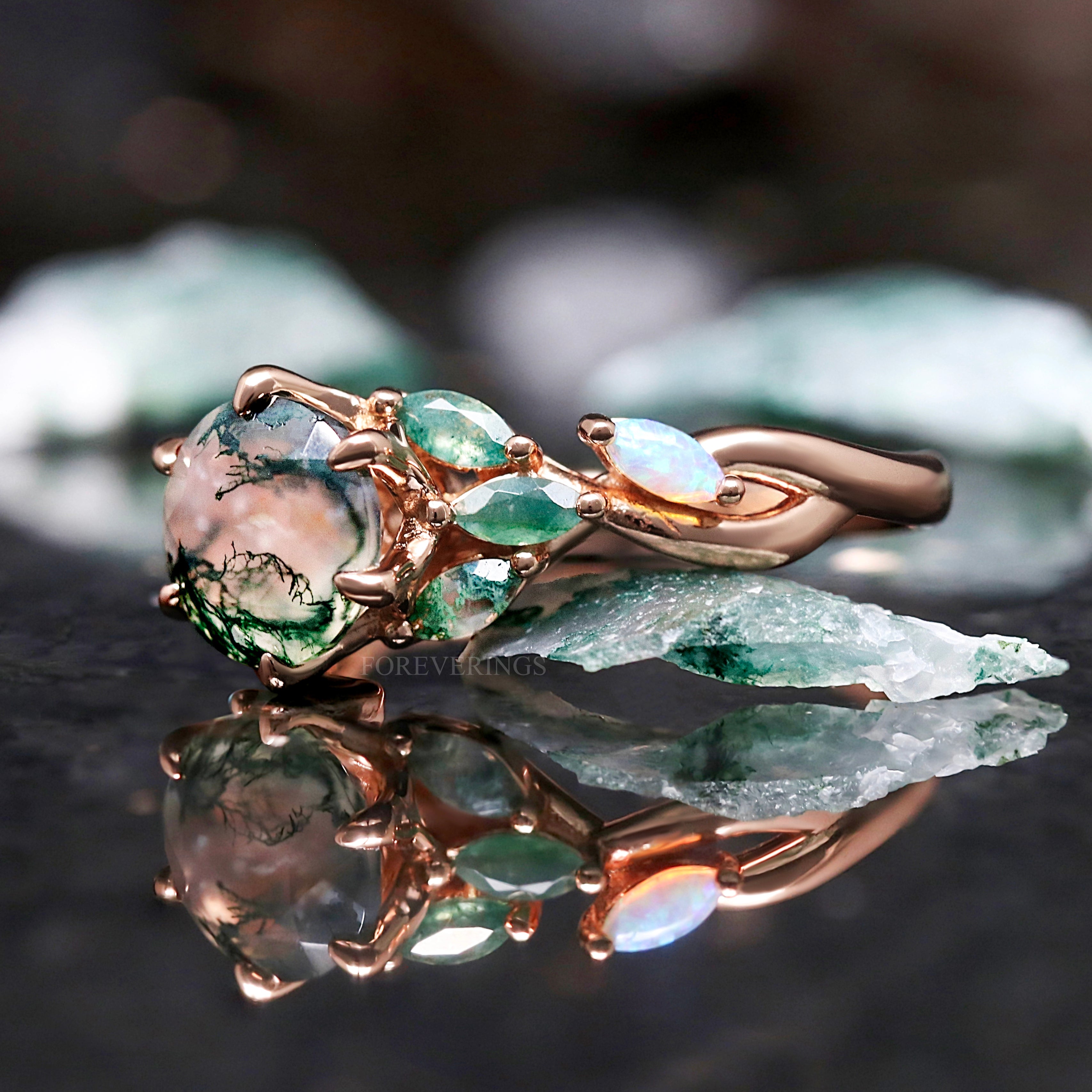 Nesta Rose Gold Moss Agate Ring Set - Unique Rose Gold Engagement & Wedding Rings, His and Her Nature-Inspired Promise Rings for Couples