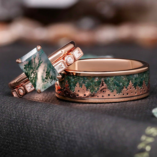 Vella moss agate couples ring set with rose gold landscape bands his and hers nature wedding rings