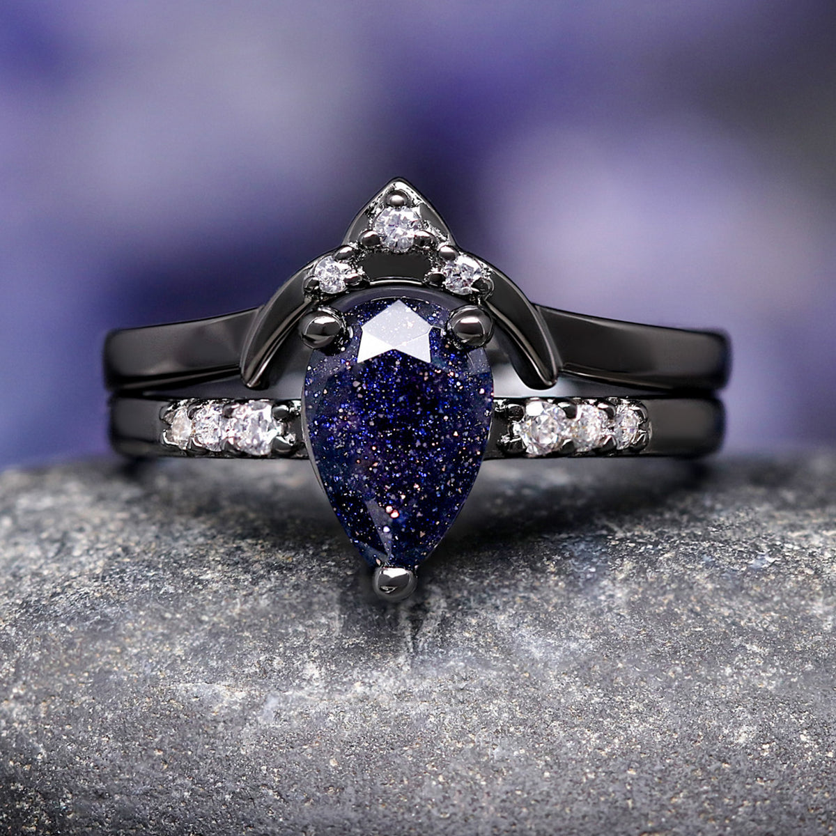 Night Court Ring Set, His and Her Wedding Ring, Black Starry Night Ring, Space Couples Ring, Black Tungsten and 925 Silver, Sandstone, ACOTAR Jewelry