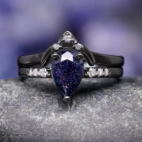 Night Court Ring Set, His and Her Wedding Ring, Black Starry Night Ring, Space Couples Ring, Black Tungsten and 925 Silver, Sandstone, ACOTAR Jewelry