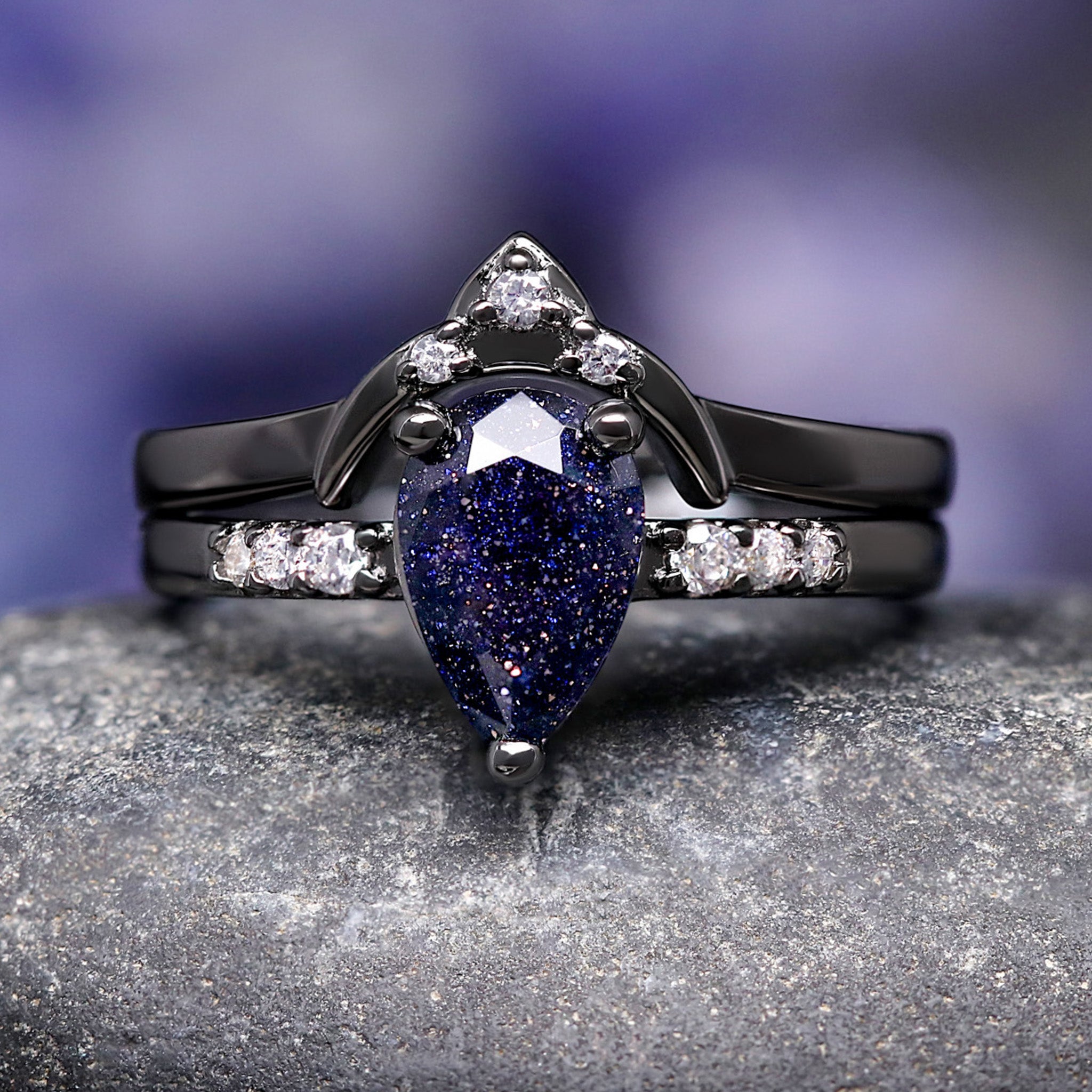 Night Court Ring Set, His and Her Wedding Ring, Black Starry Night Ring, Space Couples Ring, Black Tungsten and 925 Silver, Sandstone, ACOTAR Jewelry