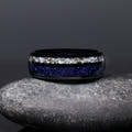 Men's 8mm black tungsten band with blue sandstone and crushed diamond inlay, shown straight on