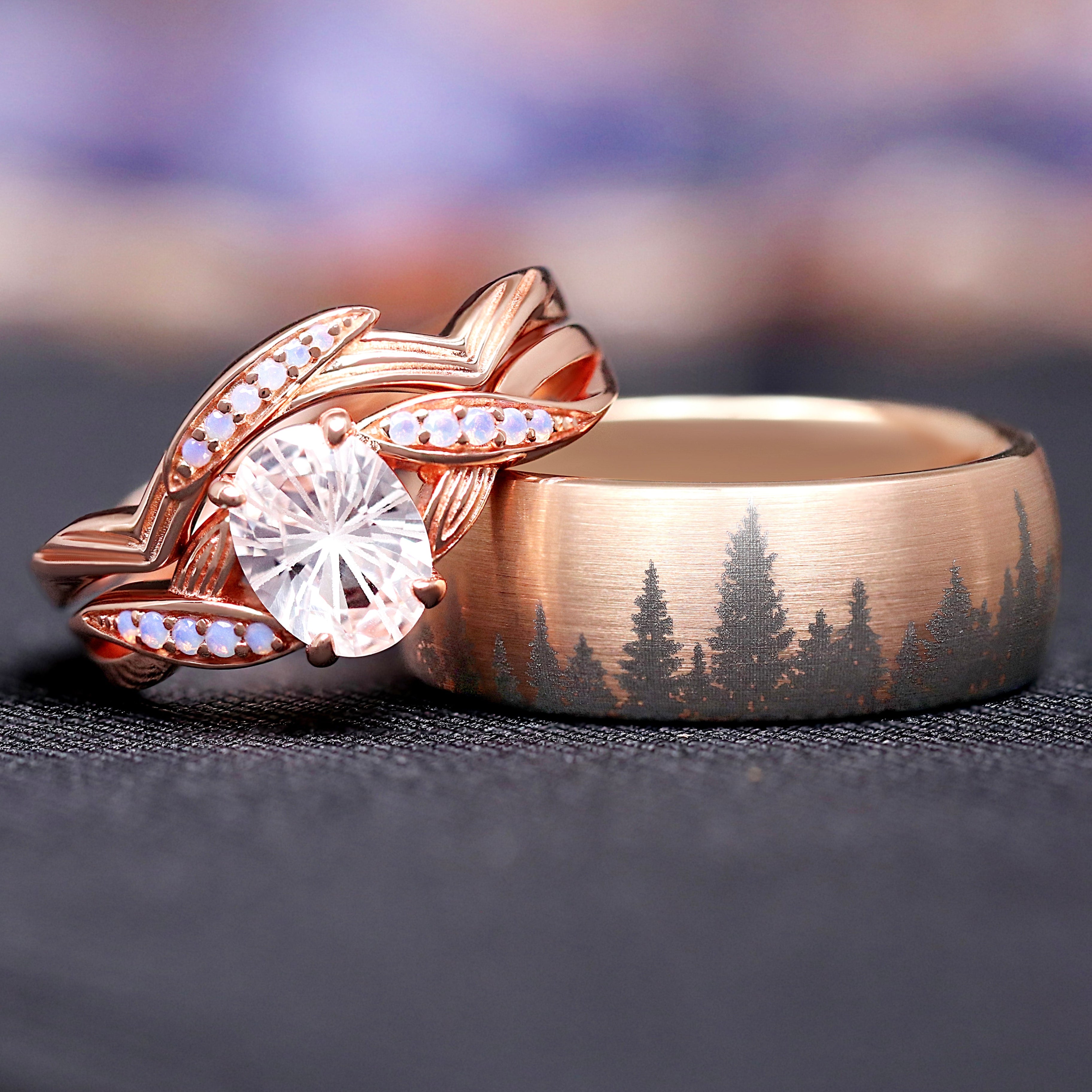 White Lotus Couples Ring Set, His and Her Rings, Matching Rose Gold Band Set, Nature Inspired Rings, Fantasy Cut White Sapphire Flower Ring