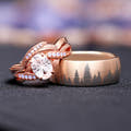 Couples matching white sapphire lotus rings in rose gold wedding band set