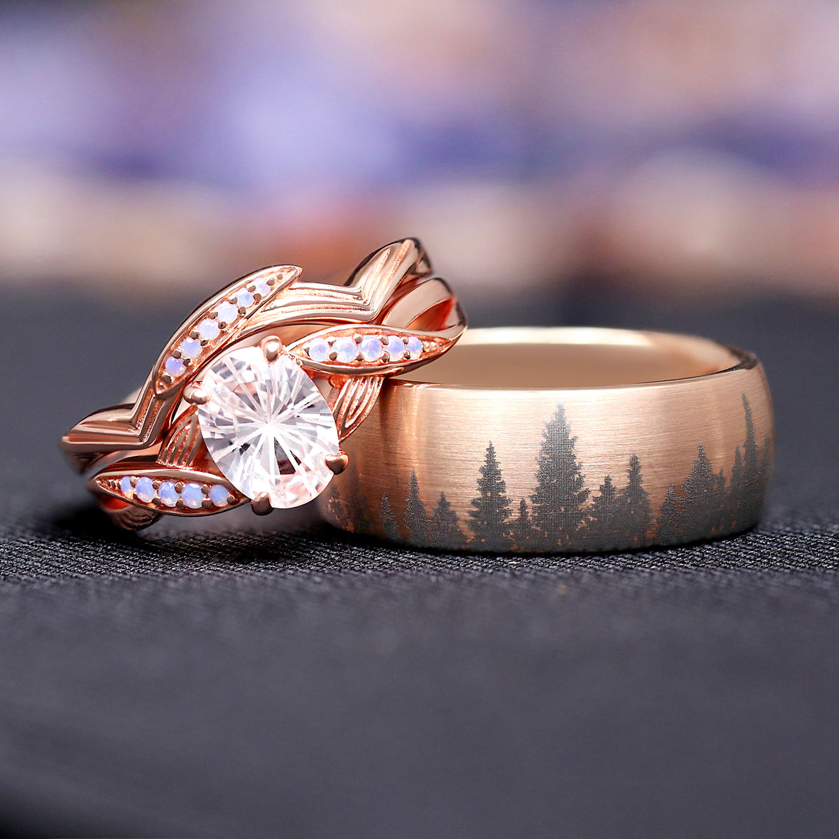 Couples matching white sapphire lotus rings in rose gold wedding band set