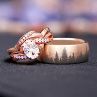 Couples matching white sapphire lotus rings in rose gold wedding band set