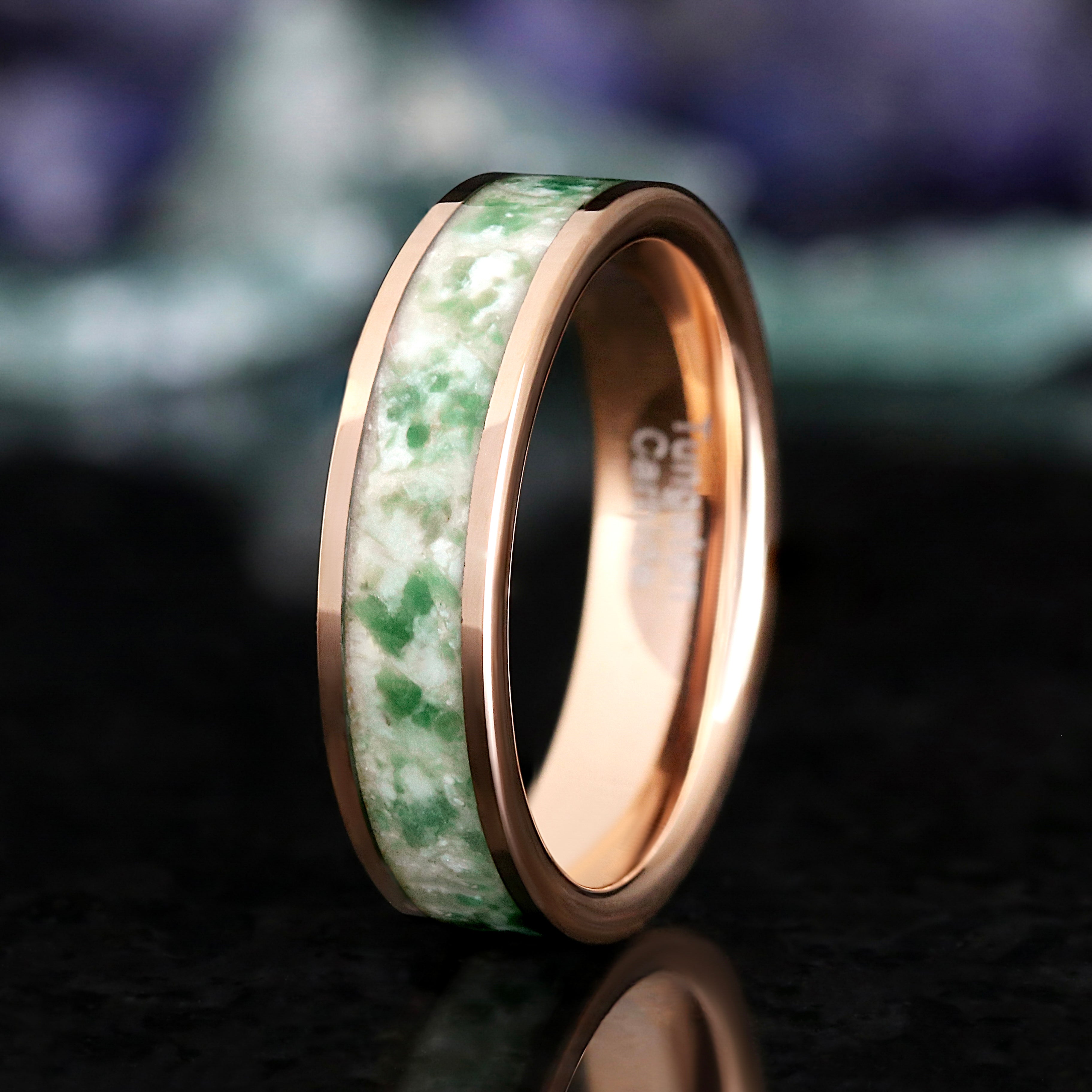 Rose Gold Moss Agate Ring, Mens Wedding Band, 6mm Tungsten, Flat Polished Comfort Fit, Nature-Inspired Promise Ring, Unique Anniversary Gift