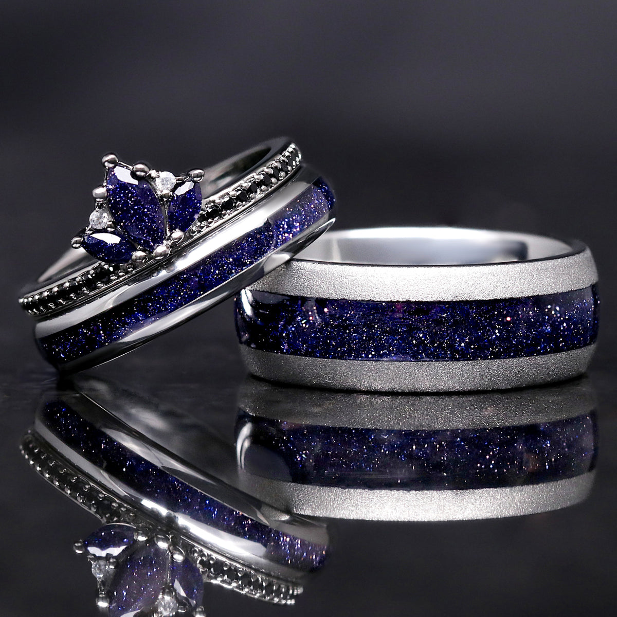 Lotus Starry Night his and her wedding band set